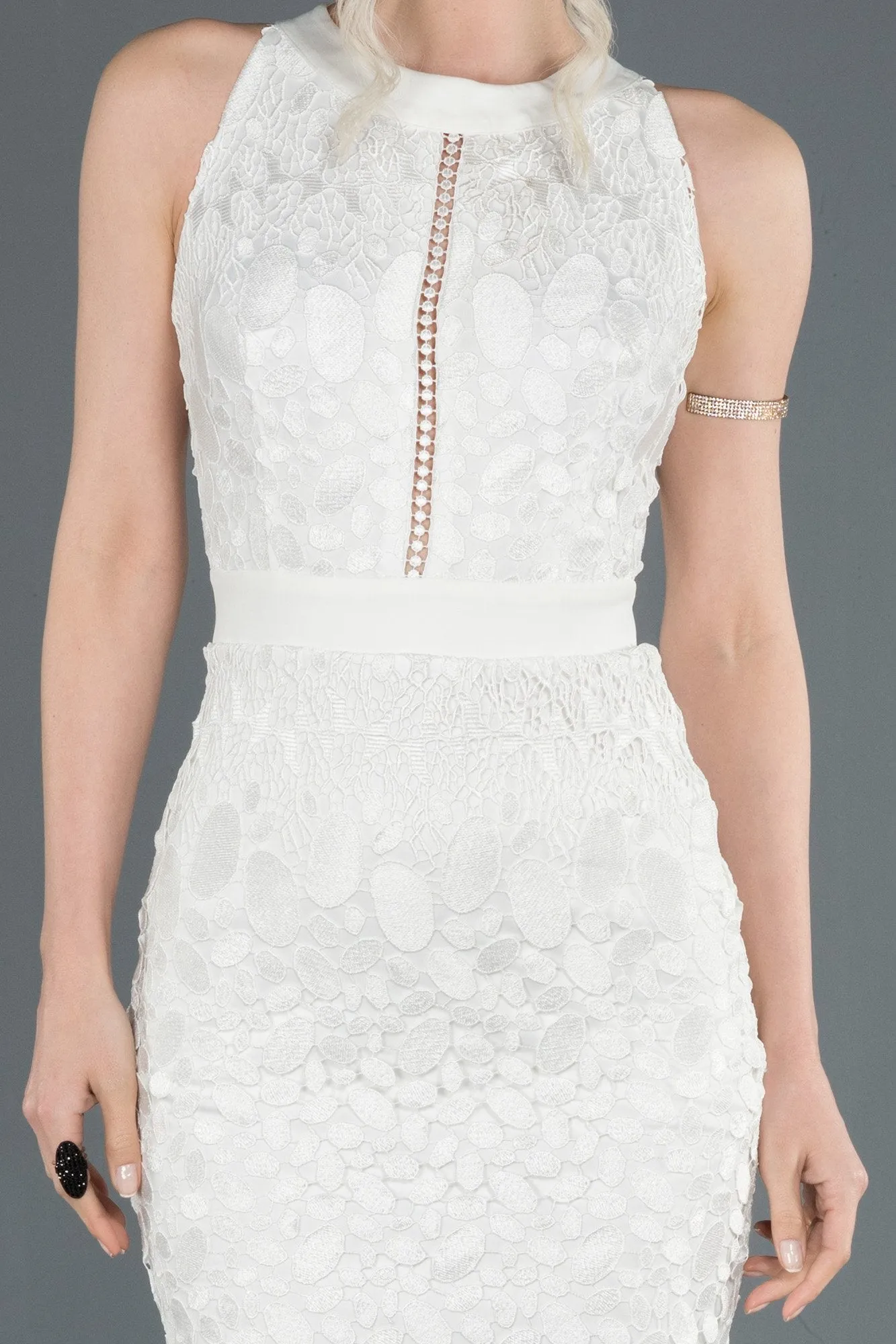 16780 Ecru Waistband Embroidered Lace Dress