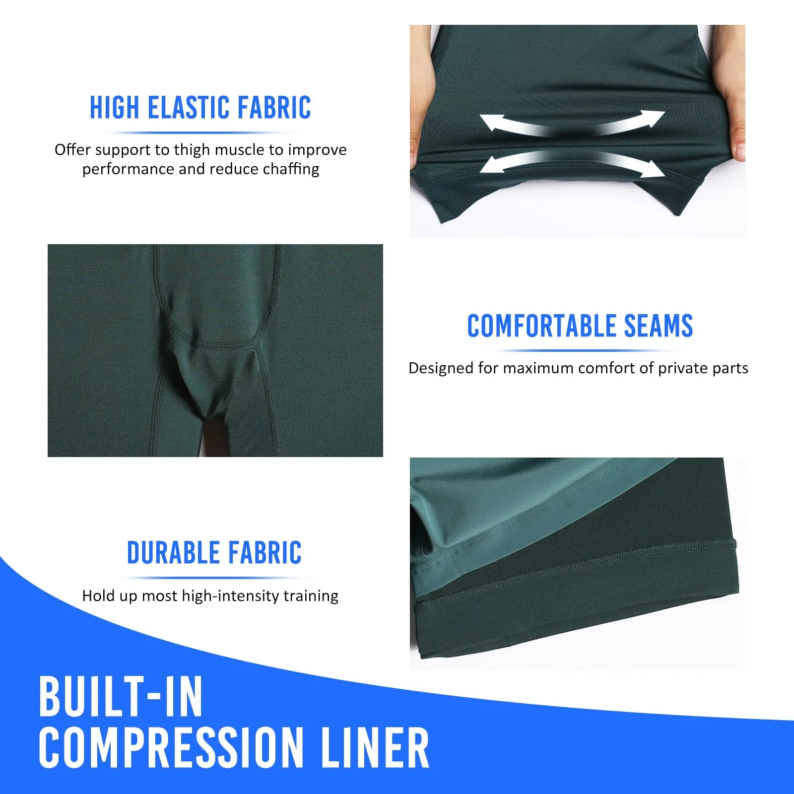 2 in 1 Stretch Long Lined Dark Green Gym Shorts