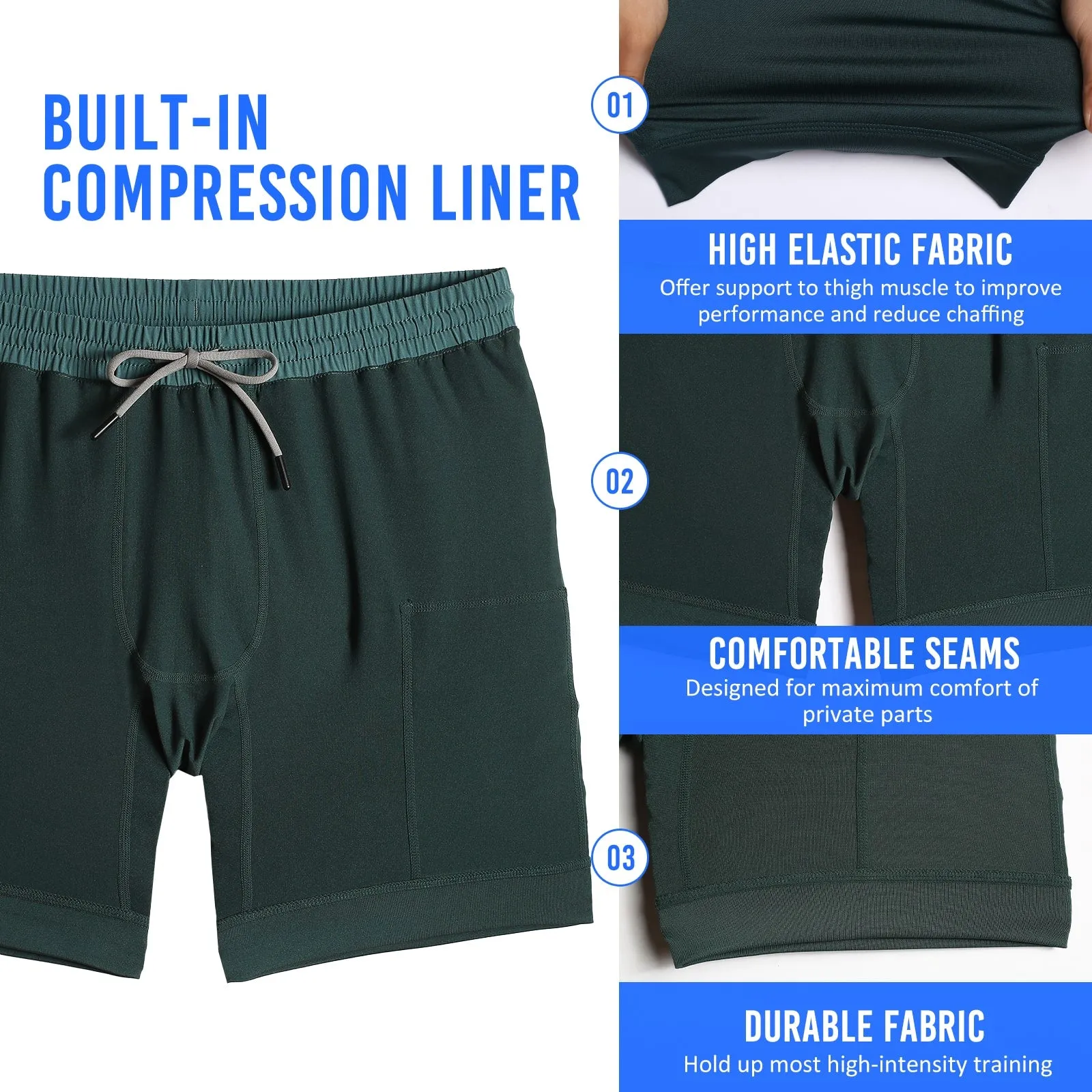 2 in 1 Stretch Long Lined Dark Green Gym Shorts
