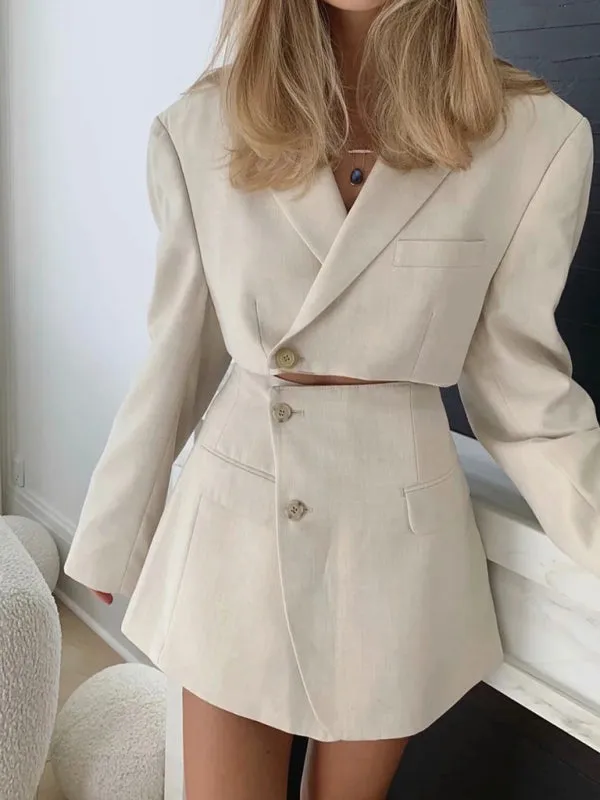 2-Piece Summer Business Suit with Crop Blazer & Wrap Midi Skirt