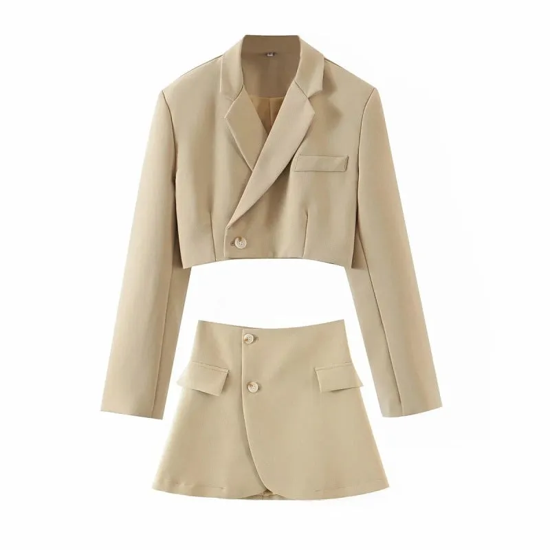 2-Piece Summer Business Suit with Crop Blazer & Wrap Midi Skirt
