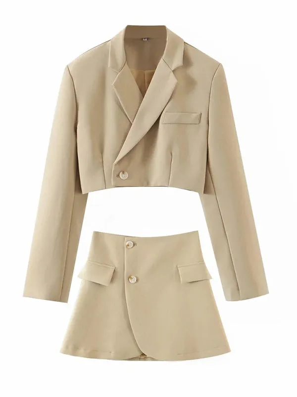 2-Piece Summer Business Suit with Crop Blazer & Wrap Midi Skirt