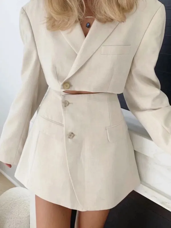 2-Piece Summer Business Suit with Crop Blazer & Wrap Midi Skirt