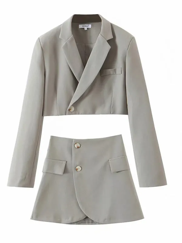 2-Piece Summer Business Suit with Crop Blazer & Wrap Midi Skirt