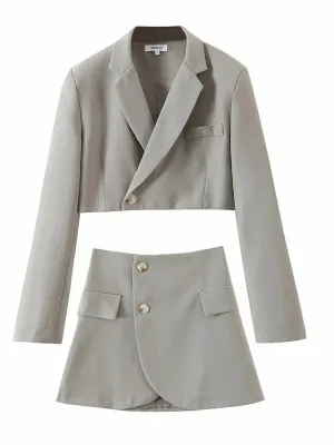 2-Piece Summer Business Suit with Crop Blazer & Wrap Midi Skirt