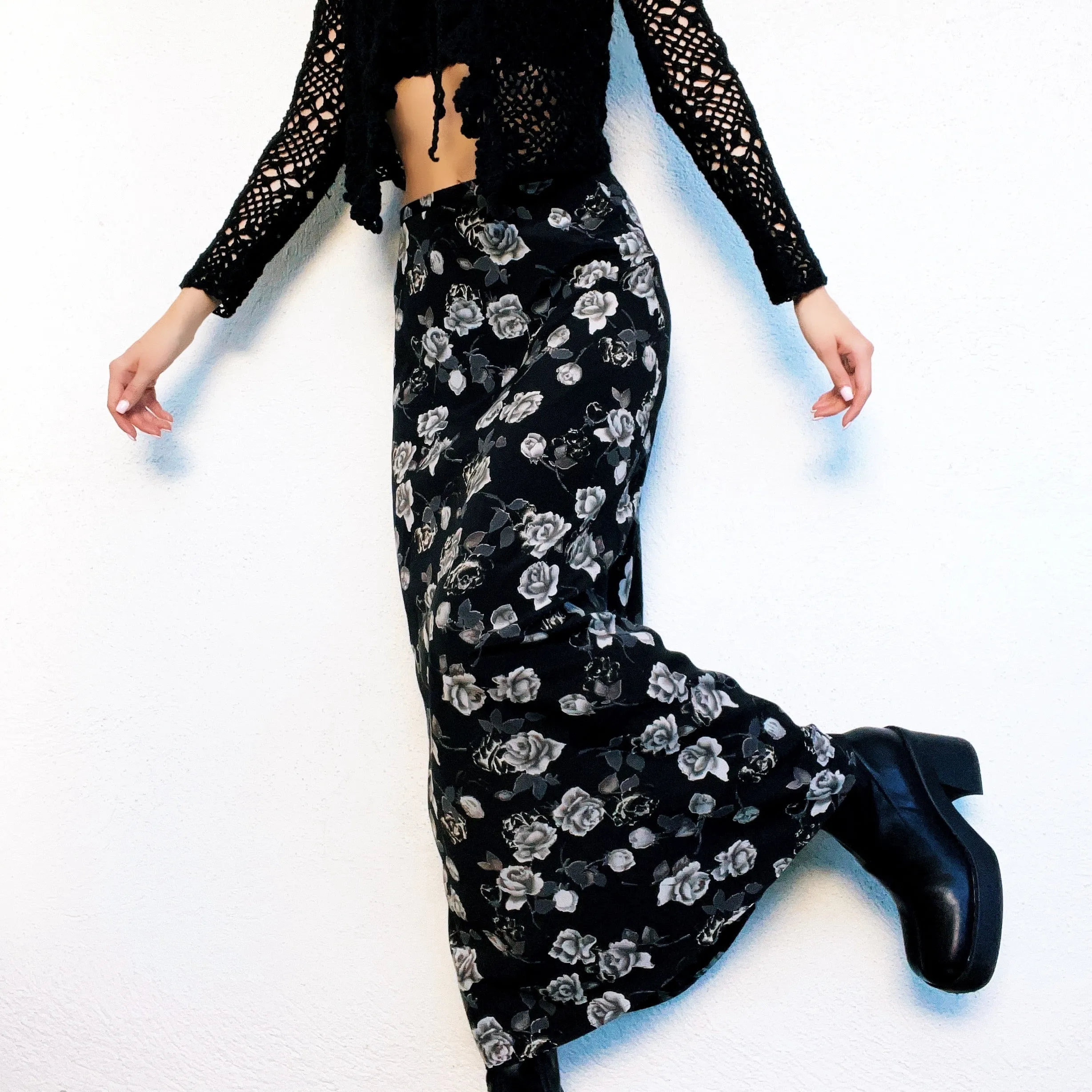 90s Black Floral Maxi Skirt