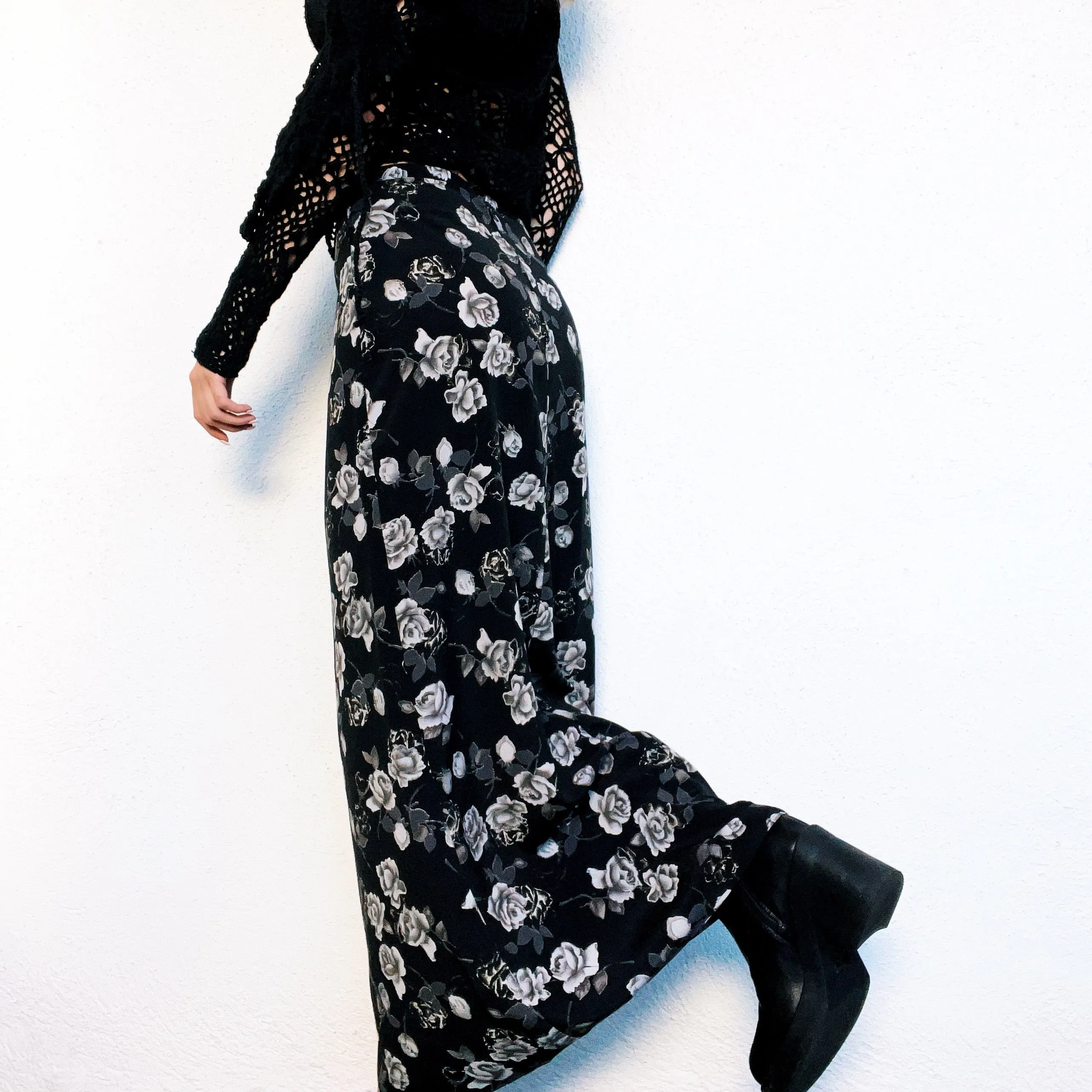 90s Black Floral Maxi Skirt