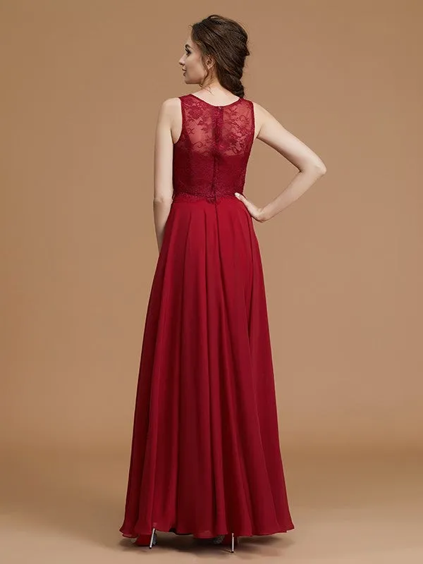 A-Line/Princess Bateau Sleeveless Floor-Length Lace Chiffon Bridesmaid Dresses