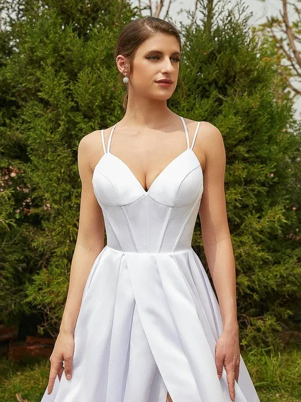 A-Line/Princess Satin Ruffles V-neck Sleeveless Court Train Wedding Dresses