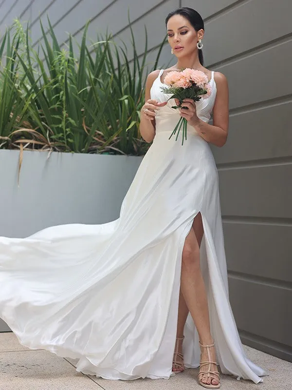 A-Line/Princess Silk like Satin Ruched V-neck Sleeveless Sweep/Brush Train Wedding Dresses