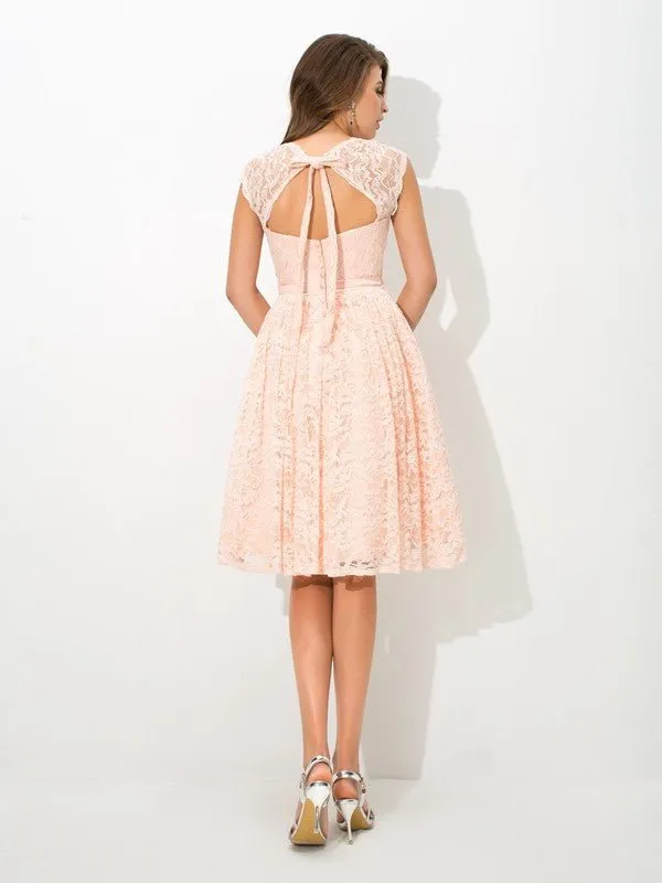 A-Line/Princess Straps Lace Sleeveless Short Lace Bridesmaid Dresses