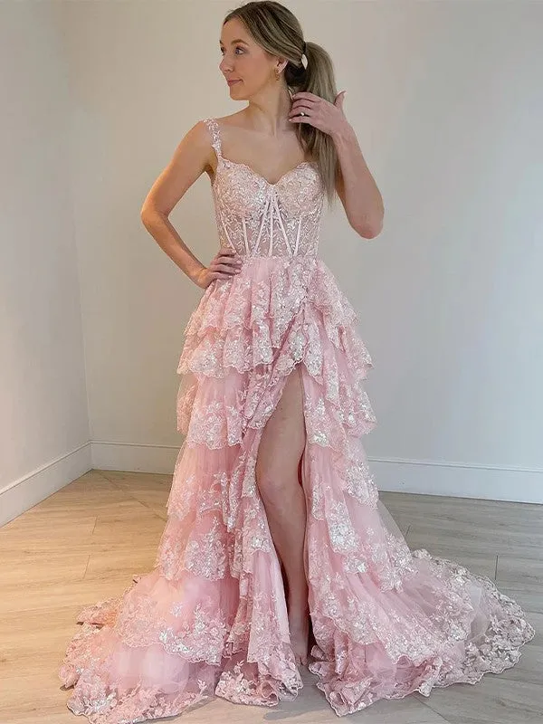 A-Line/Princess Tulle Lace Straps Sleeveless Court Train Corset Dresses