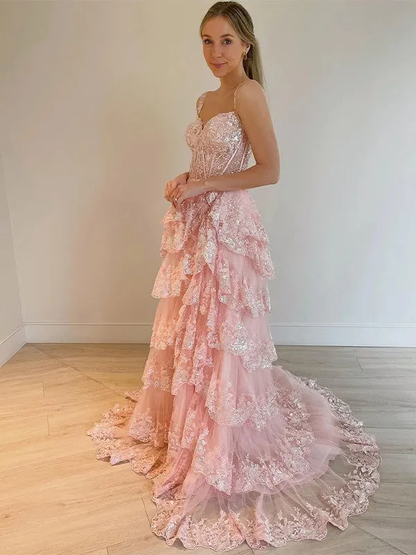 A-Line/Princess Tulle Lace Straps Sleeveless Court Train Corset Dresses
