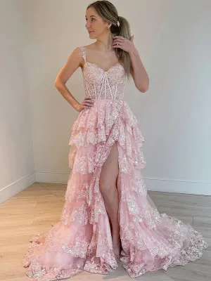 A-Line/Princess Tulle Lace Straps Sleeveless Court Train Corset Dresses