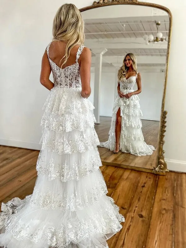 A-Line/Princess Tulle Lace Straps Sleeveless Court Train Corset Dresses