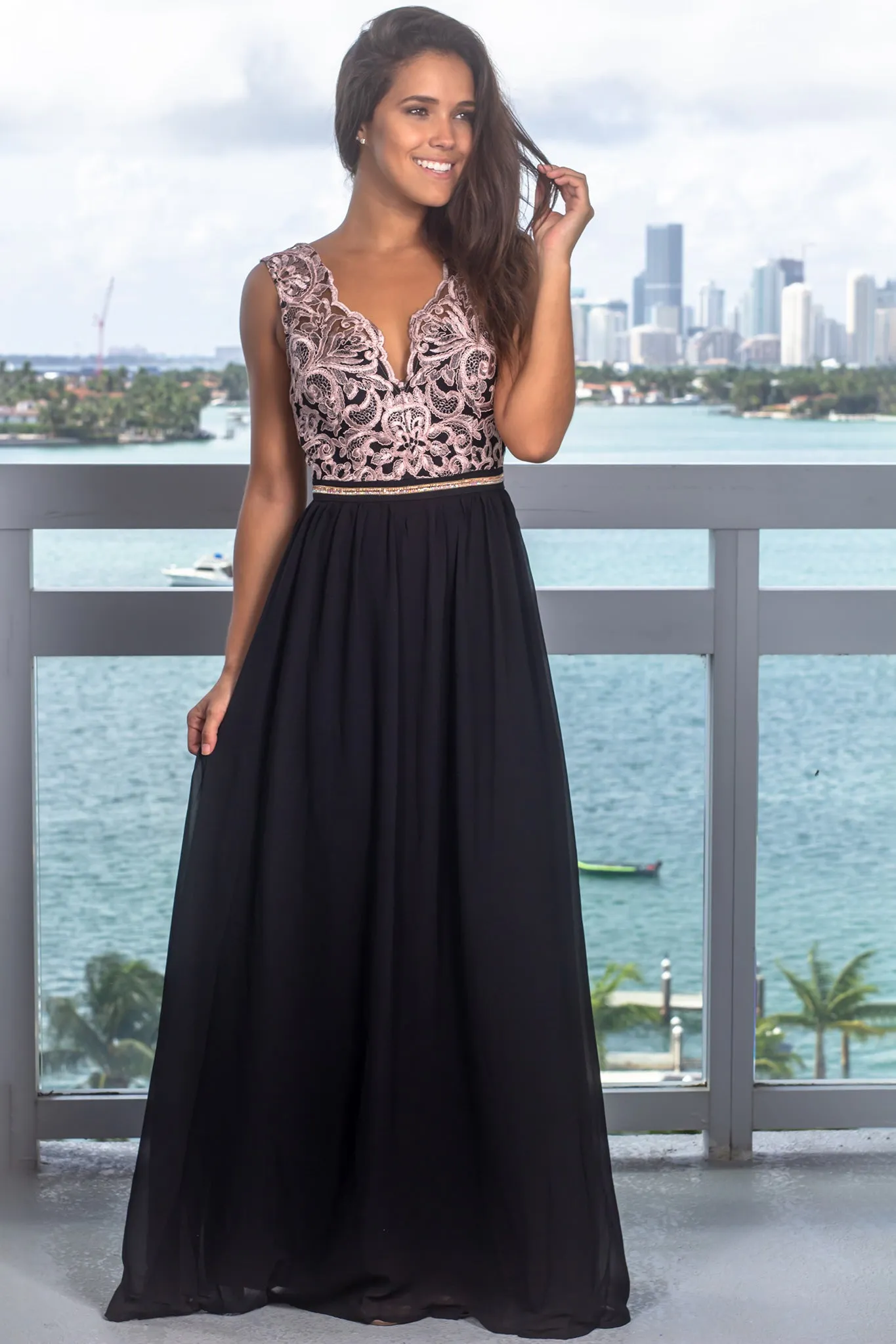 Black and Mauve Embroidered Top Maxi Dress with Jewel Detail