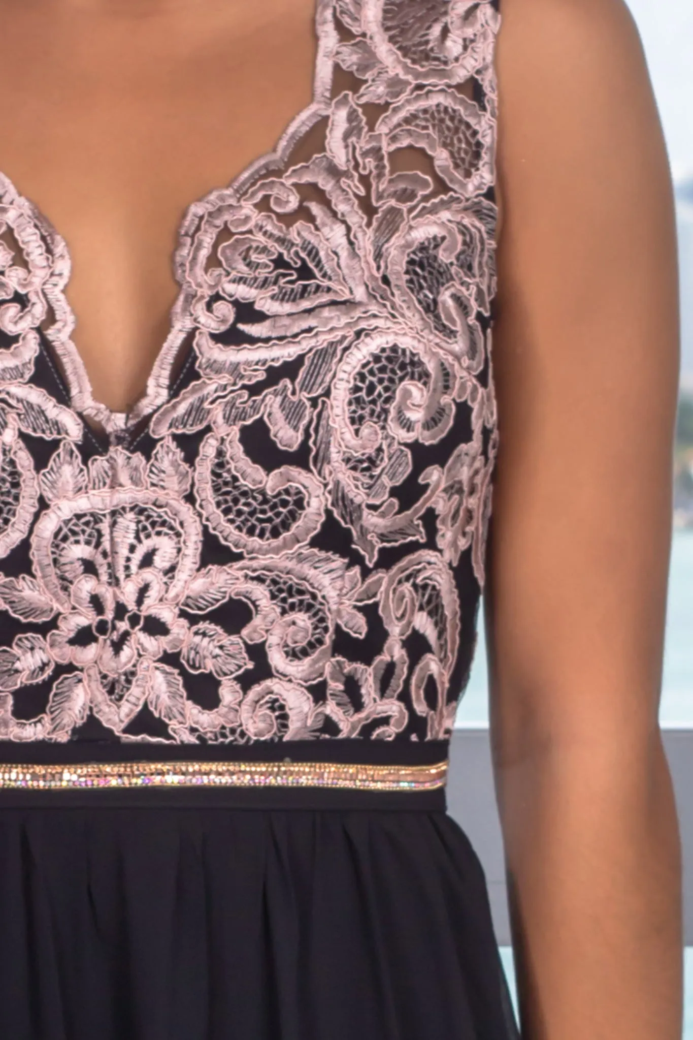 Black and Mauve Embroidered Top Maxi Dress with Jewel Detail