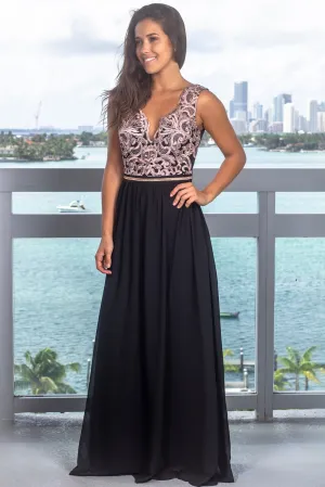 Black and Mauve Embroidered Top Maxi Dress with Jewel Detail