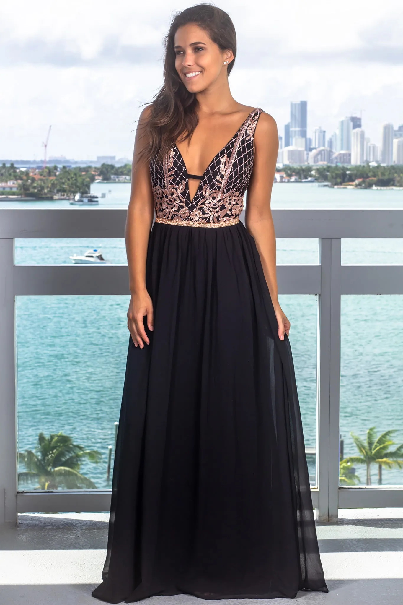 Black and Mauve V- Neck Maxi Dress