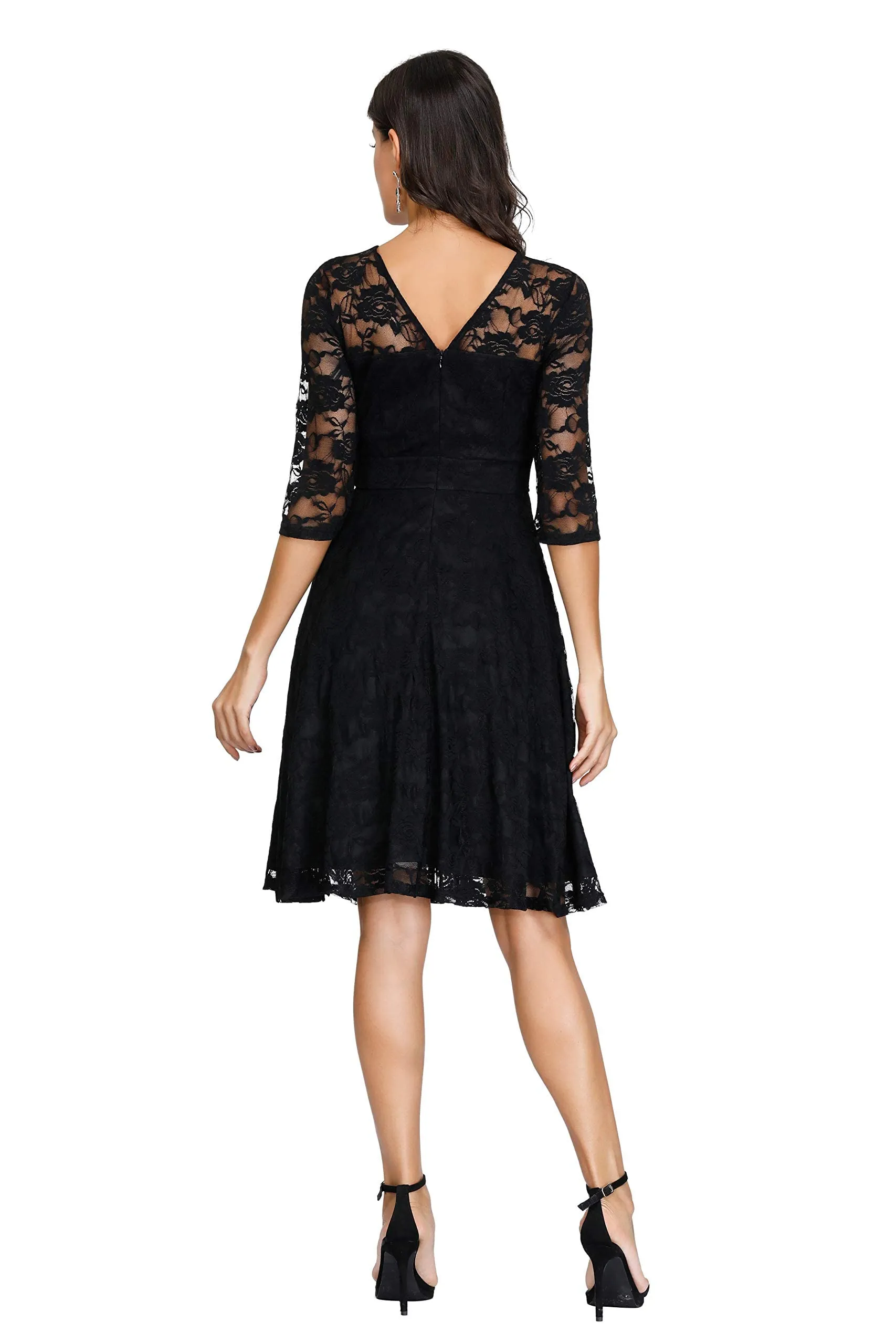 Brick Red Ladies Vintage Floral Cocktail Party Wedding Guest A Line Lace Dresses - JASAMBAC