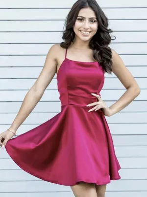 Cute Short A-line Sleeveless Backless Satin Prom Homecoming Dresses