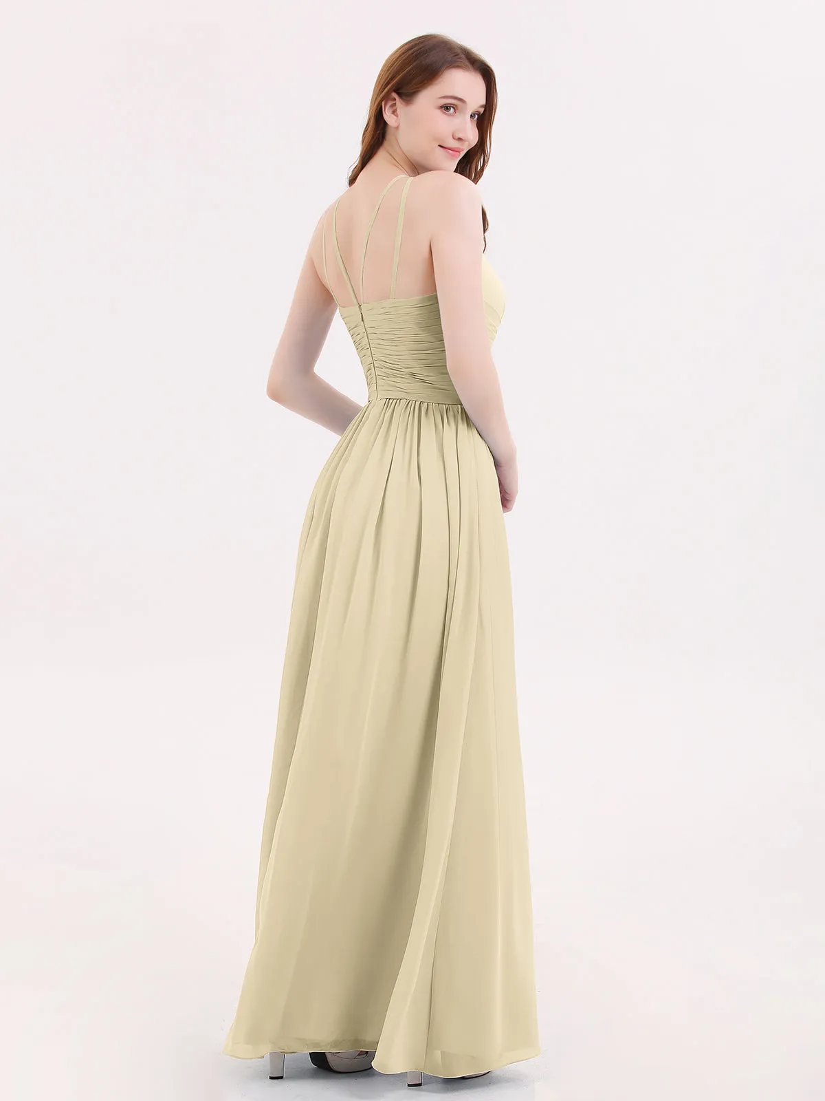 Double Strap Halter Long Chiffon Gowns-Champagne