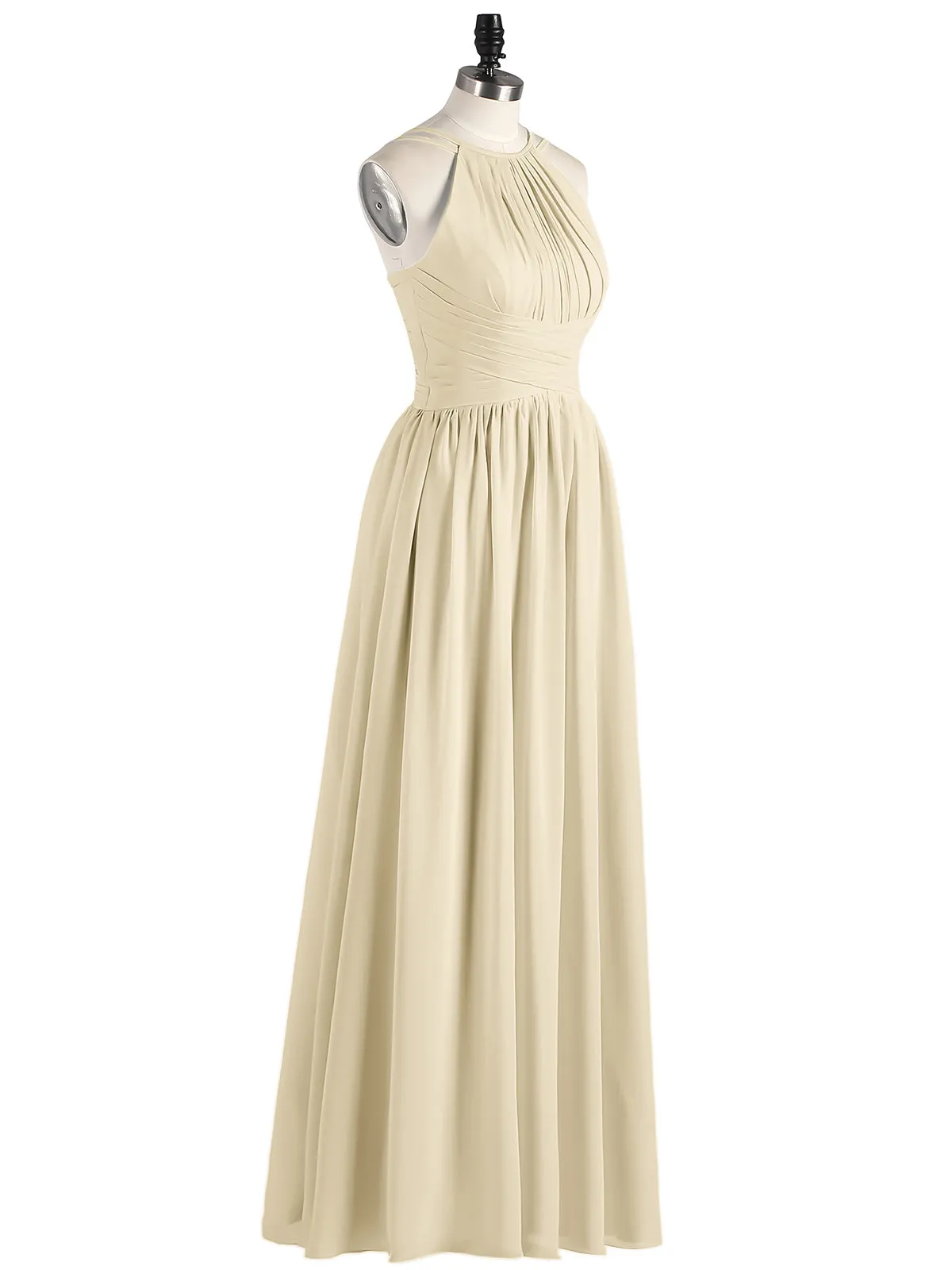 Double Strap Halter Long Chiffon Gowns-Champagne