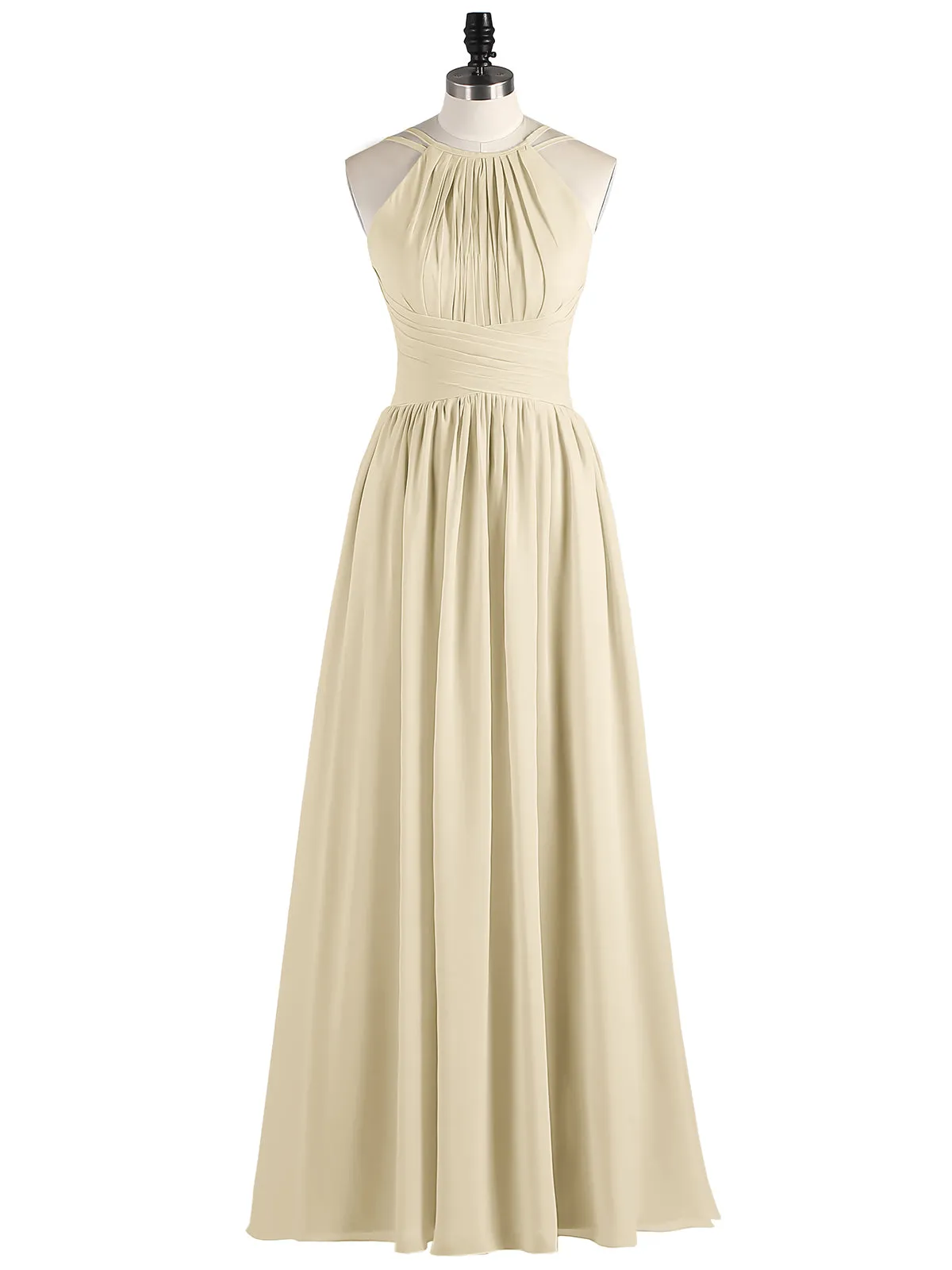 Double Strap Halter Long Chiffon Gowns-Champagne