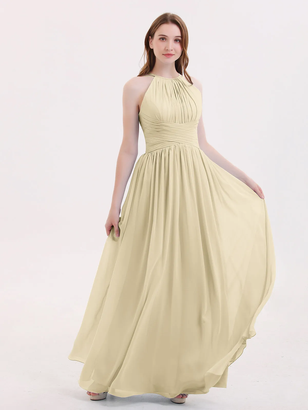 Double Strap Halter Long Chiffon Gowns-Champagne