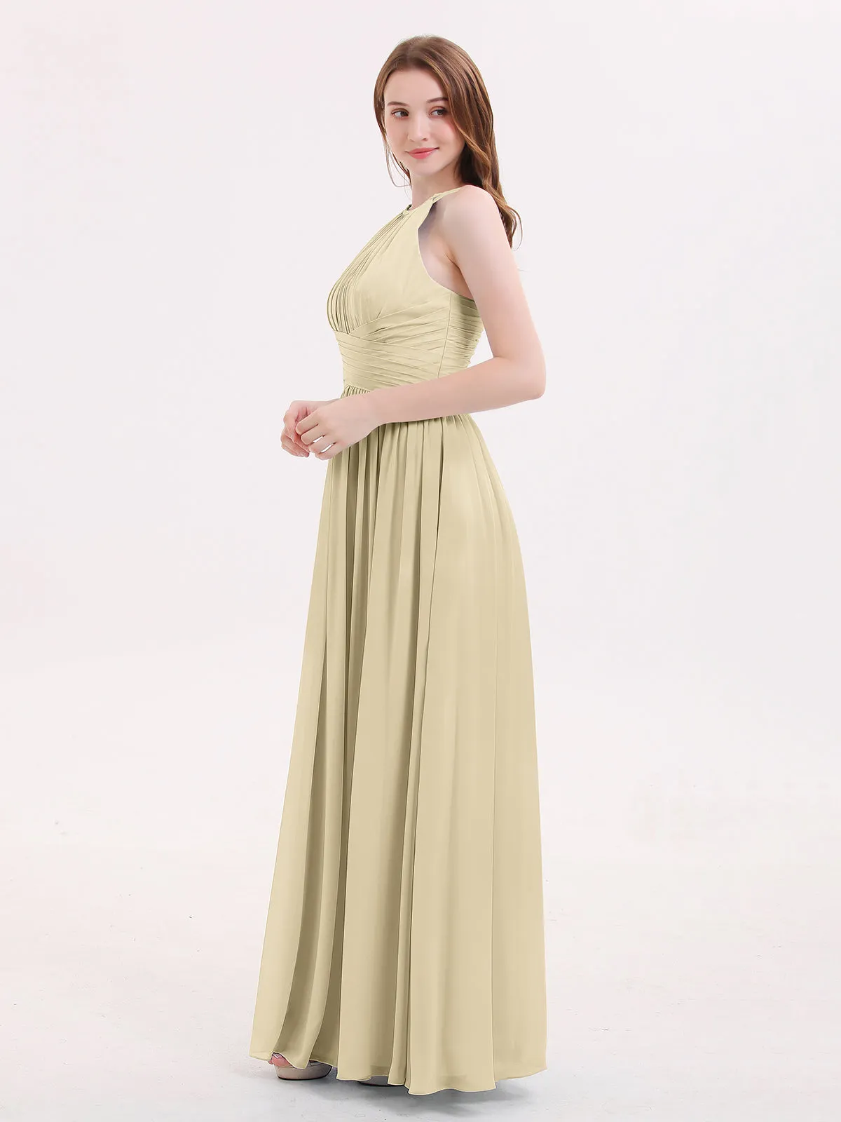 Double Strap Halter Long Chiffon Gowns-Champagne