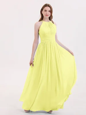 Double Strap Halter Long Chiffon Gowns-Daffodil