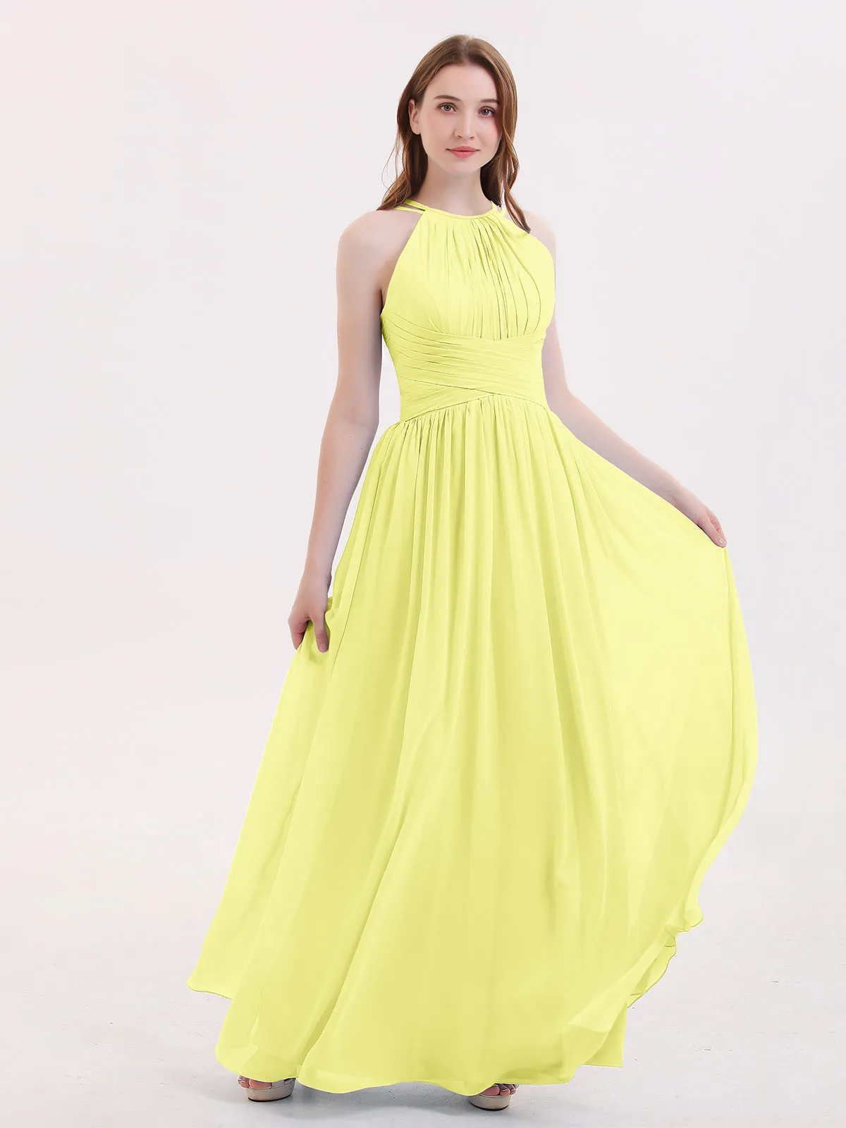 Double Strap Halter Long Chiffon Gowns-Daffodil