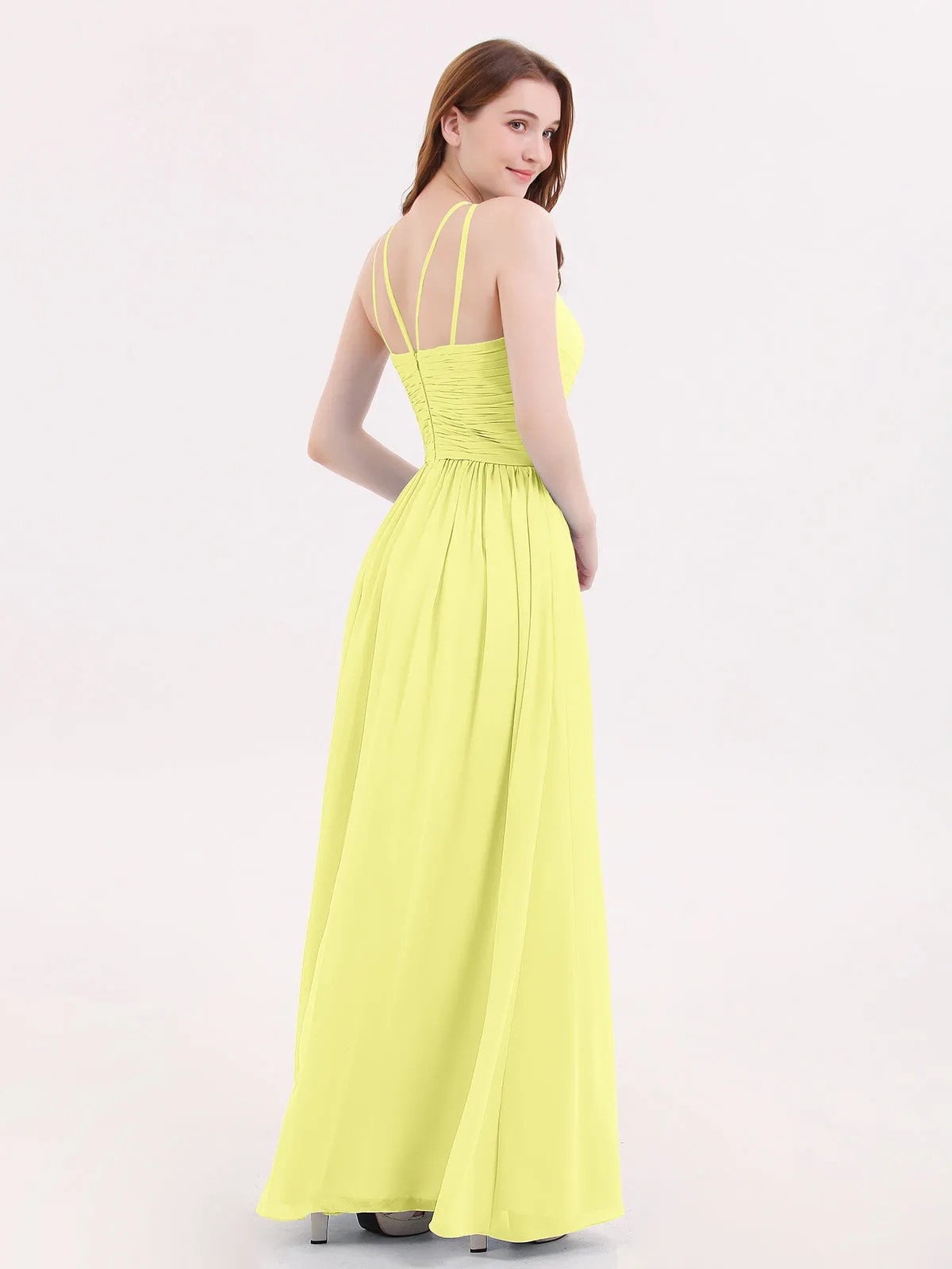 Double Strap Halter Long Chiffon Gowns-Daffodil