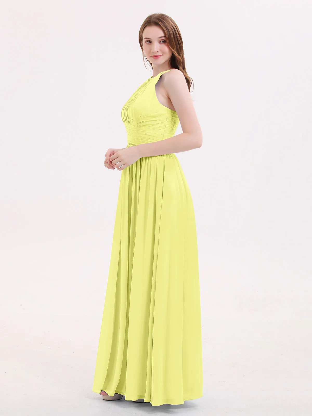 Double Strap Halter Long Chiffon Gowns-Daffodil