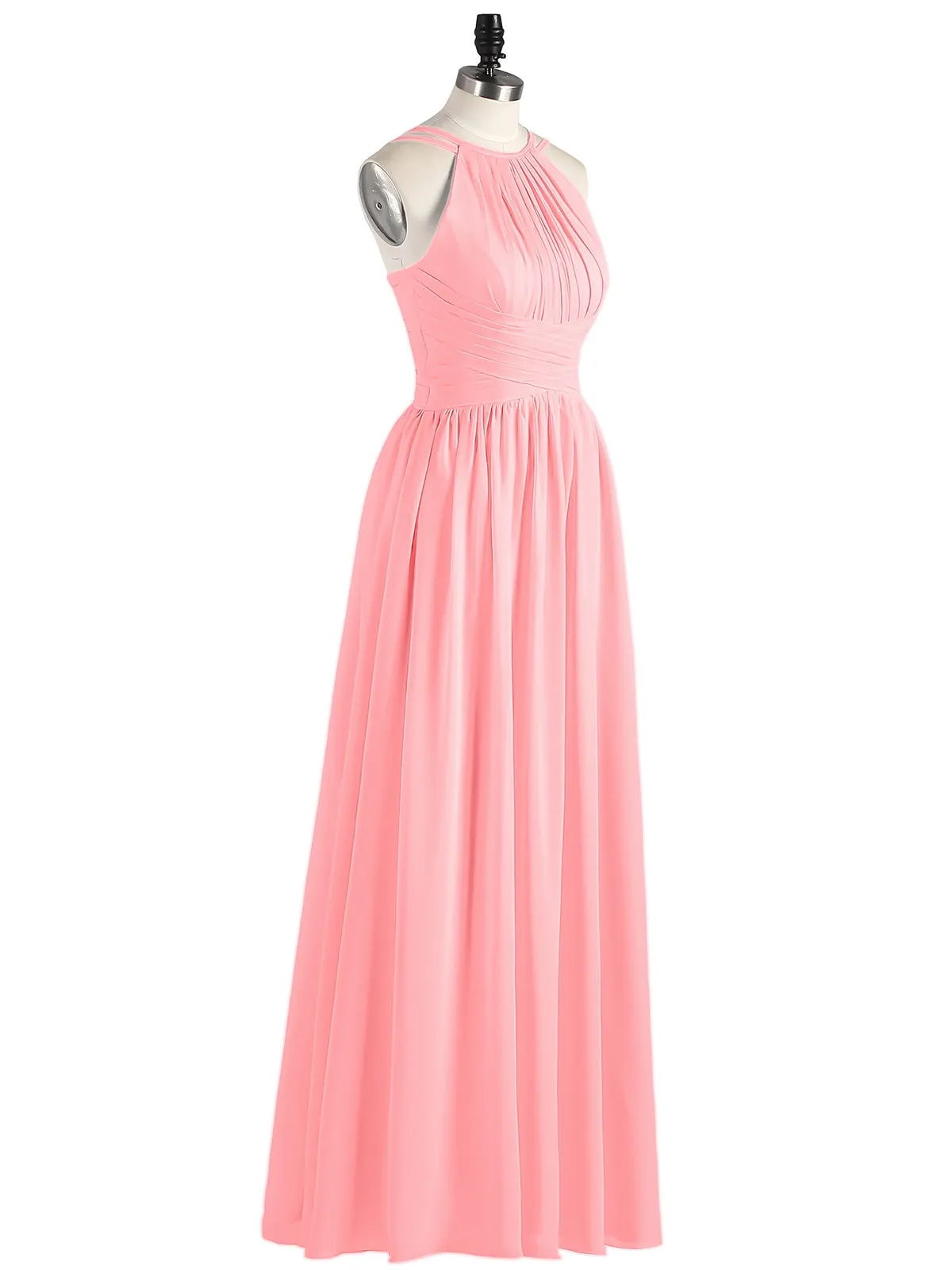 Double Strap Halter Long Chiffon Gowns-Flamingo