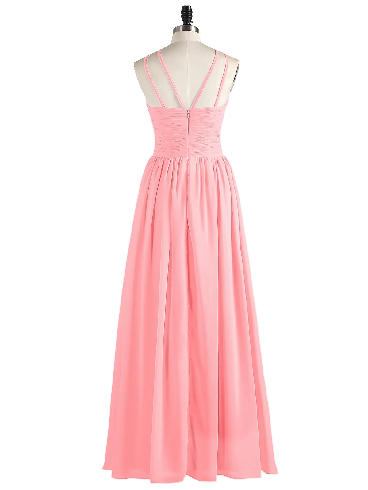 Double Strap Halter Long Chiffon Gowns-Flamingo
