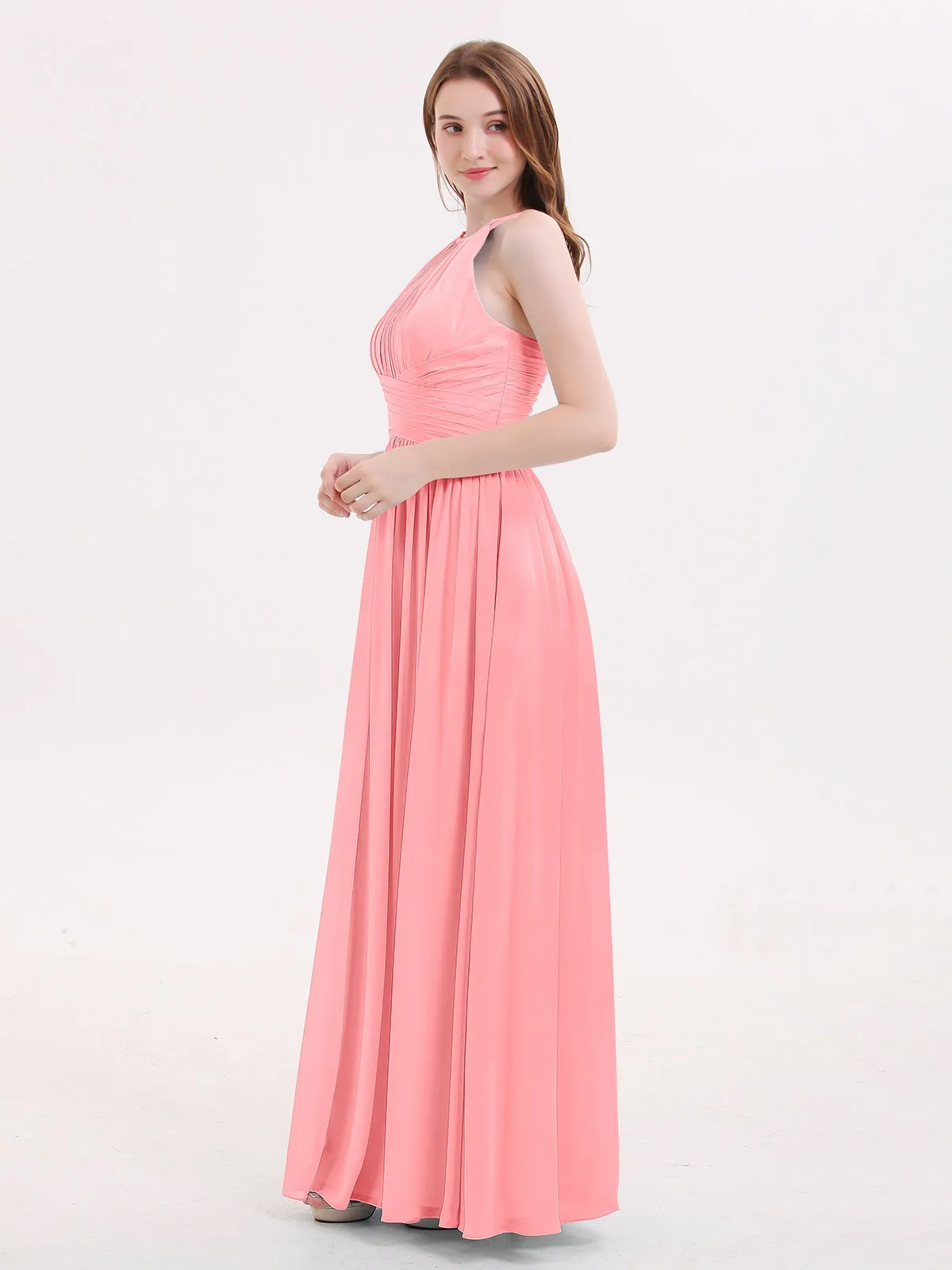 Double Strap Halter Long Chiffon Gowns-Flamingo