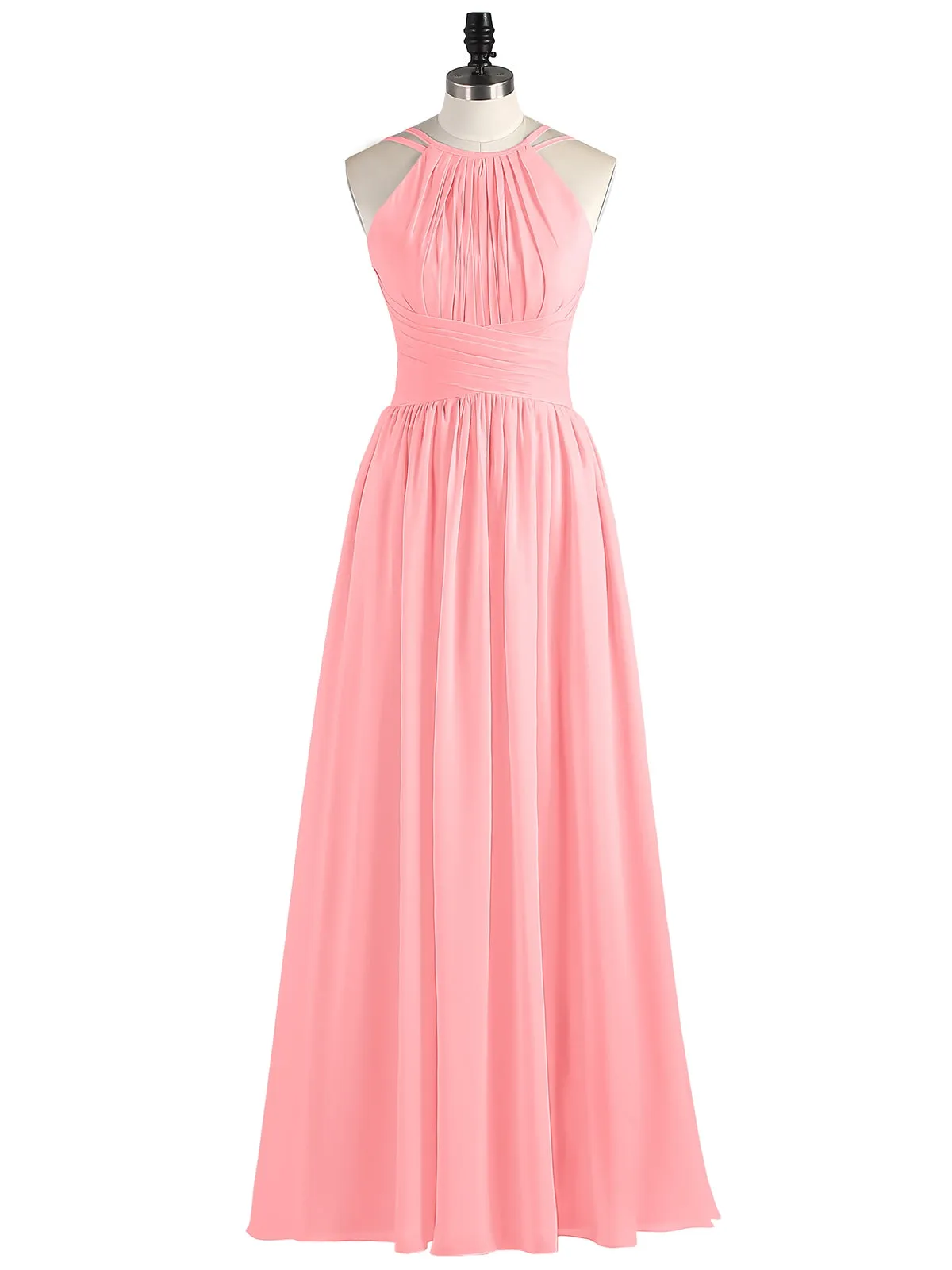 Double Strap Halter Long Chiffon Gowns-Flamingo