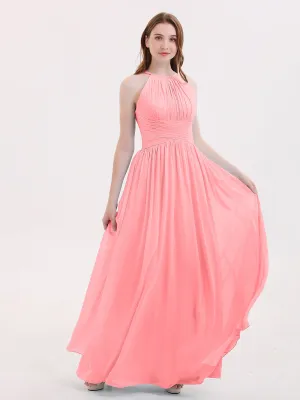 Double Strap Halter Long Chiffon Gowns-Flamingo