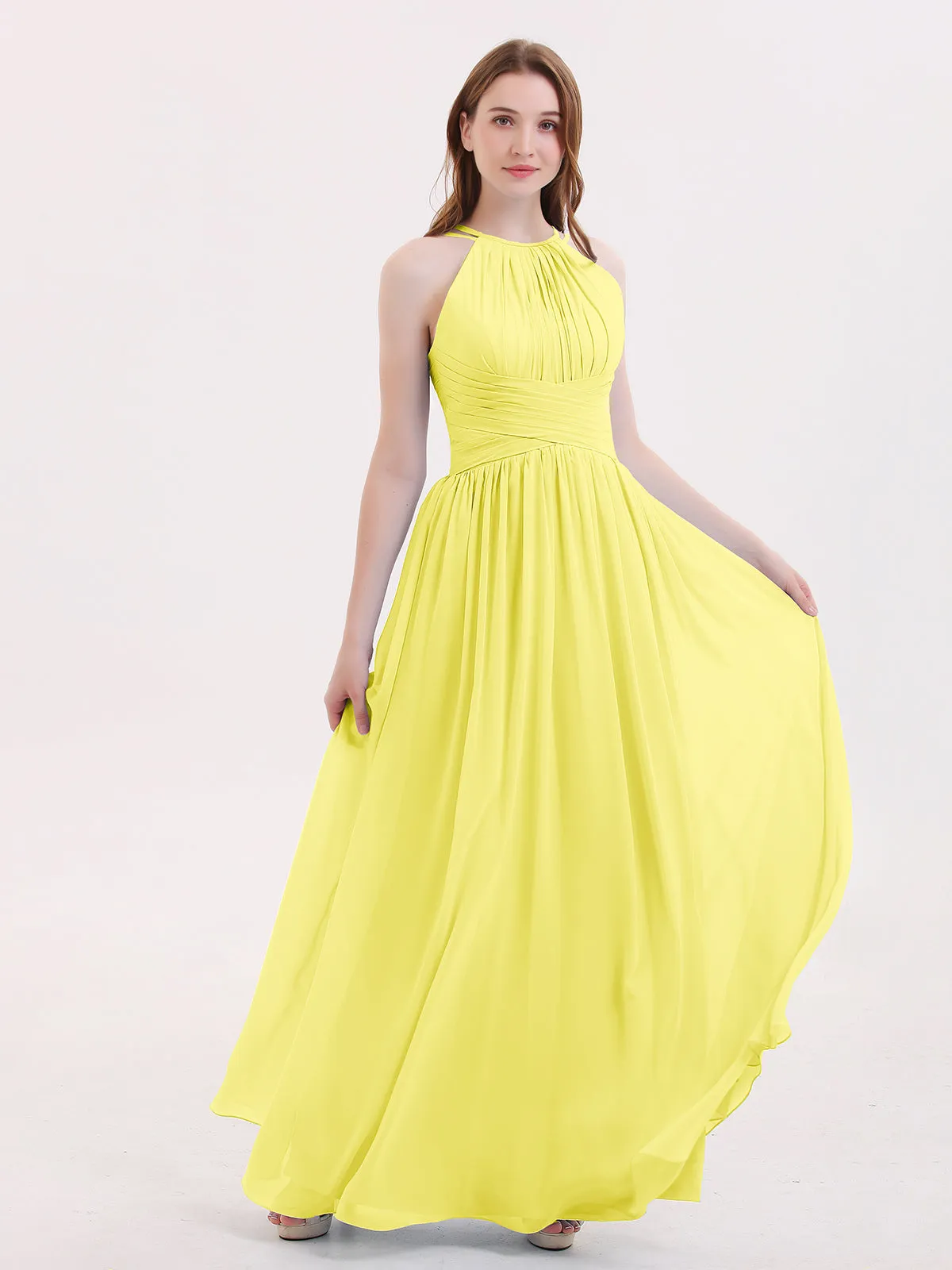Double Strap Halter Long Chiffon Gowns-Lemon