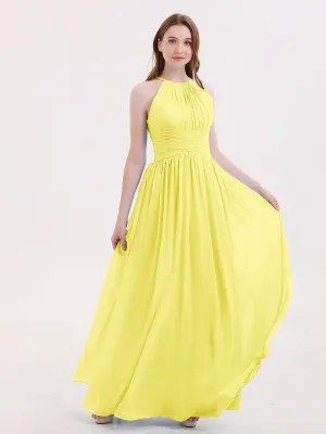 Double Strap Halter Long Chiffon Gowns-Lemon