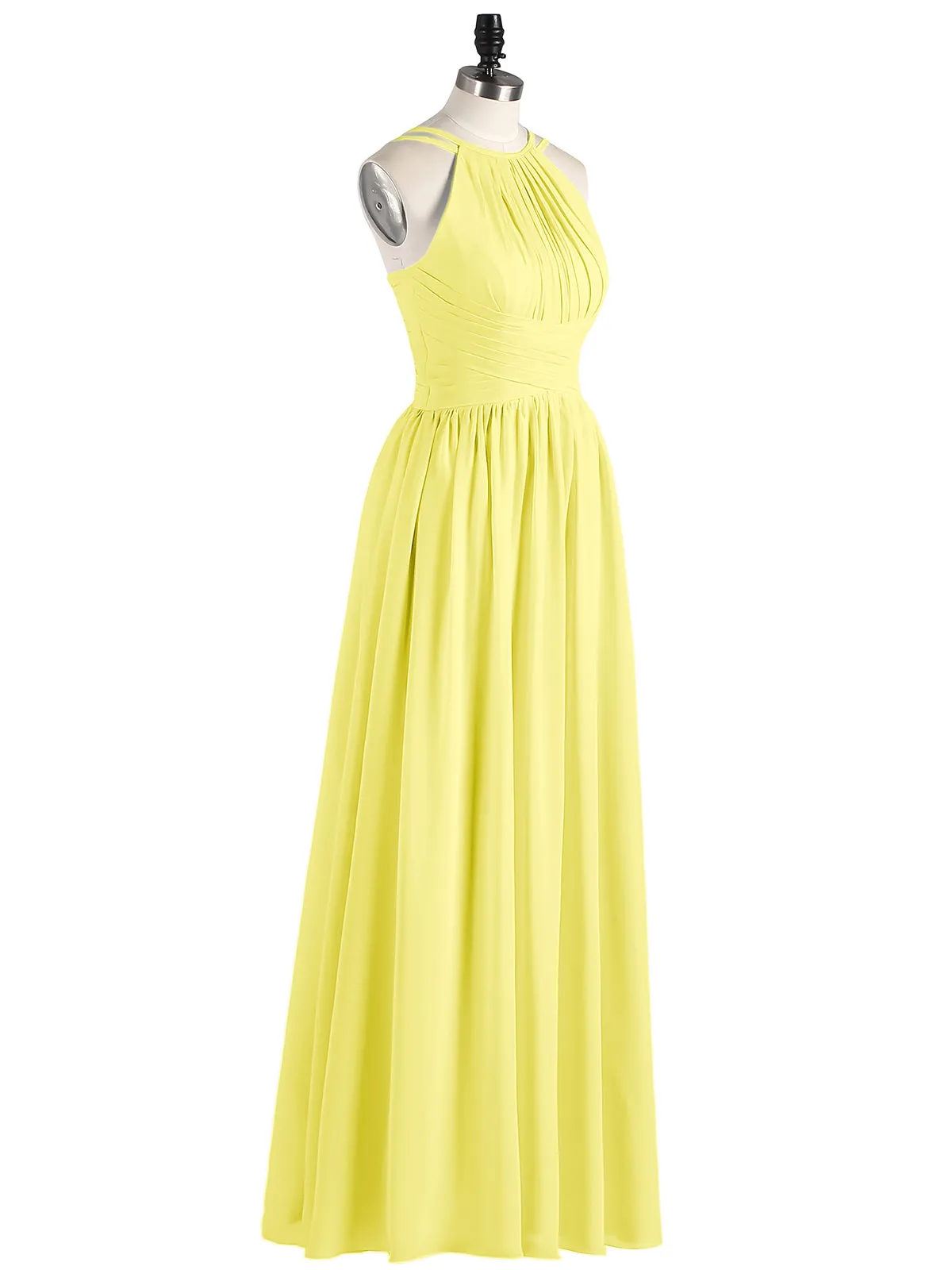 Double Strap Halter Long Chiffon Gowns-Lemon