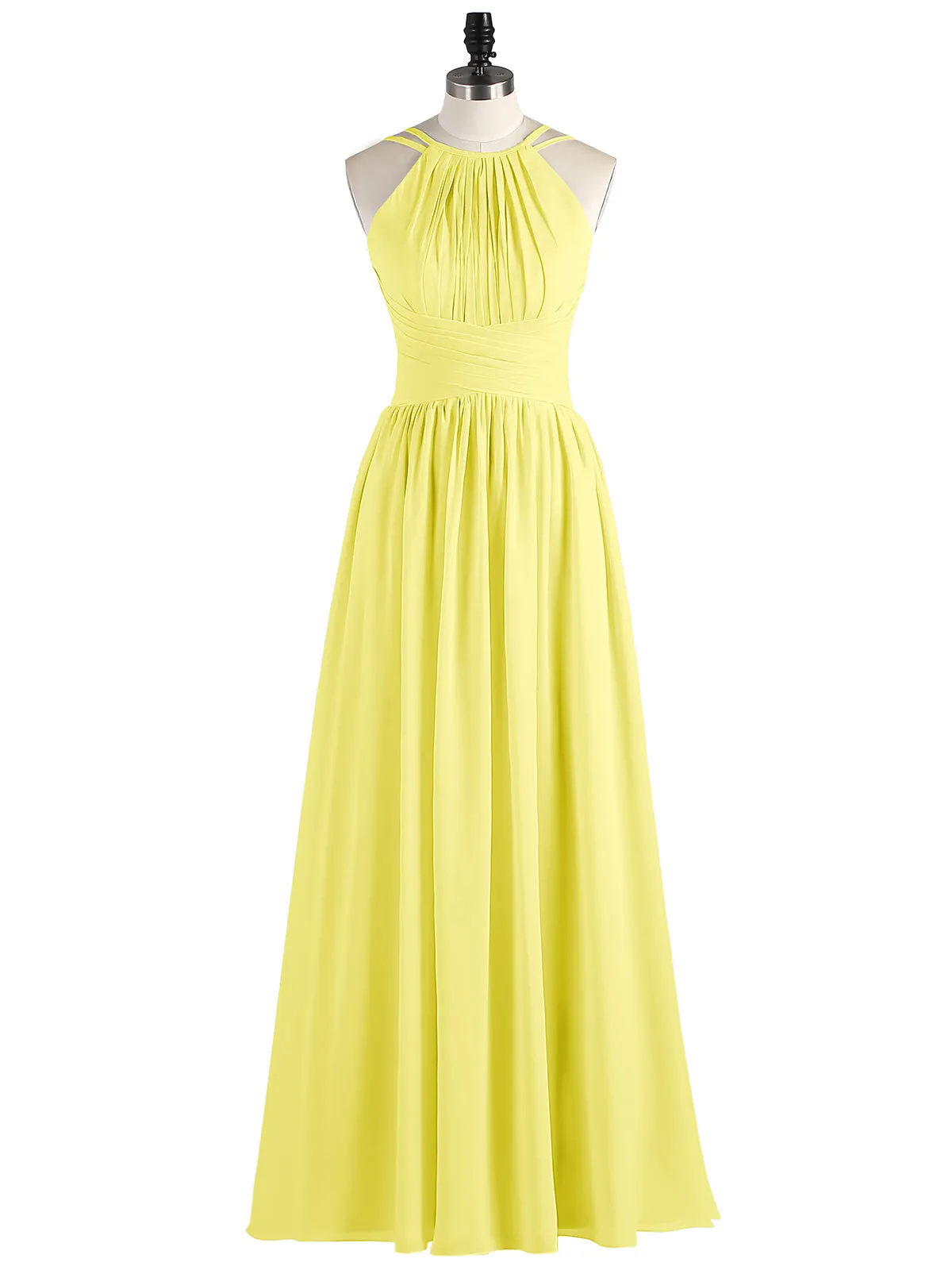 Double Strap Halter Long Chiffon Gowns-Lemon