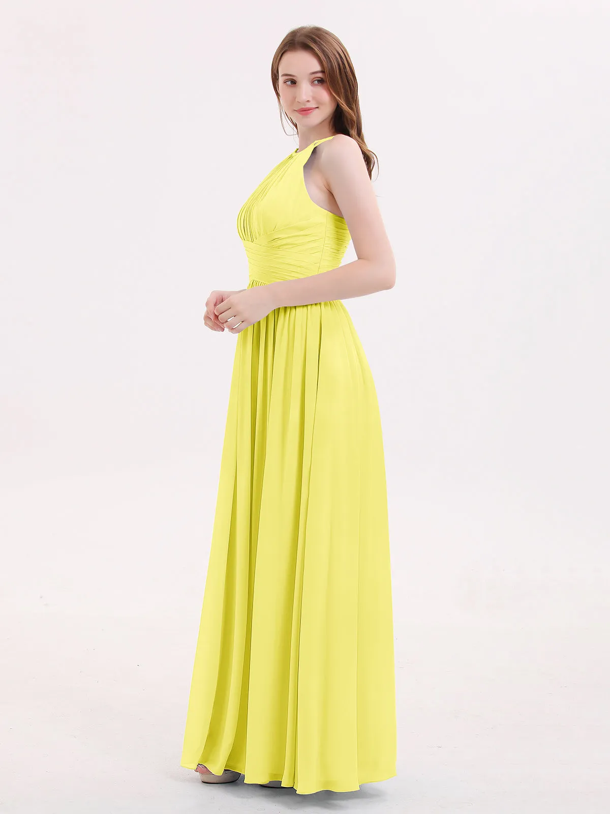 Double Strap Halter Long Chiffon Gowns-Lemon