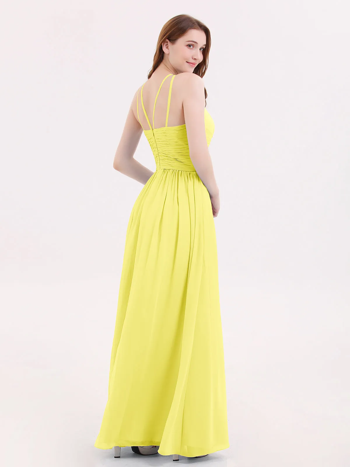 Double Strap Halter Long Chiffon Gowns-Lemon