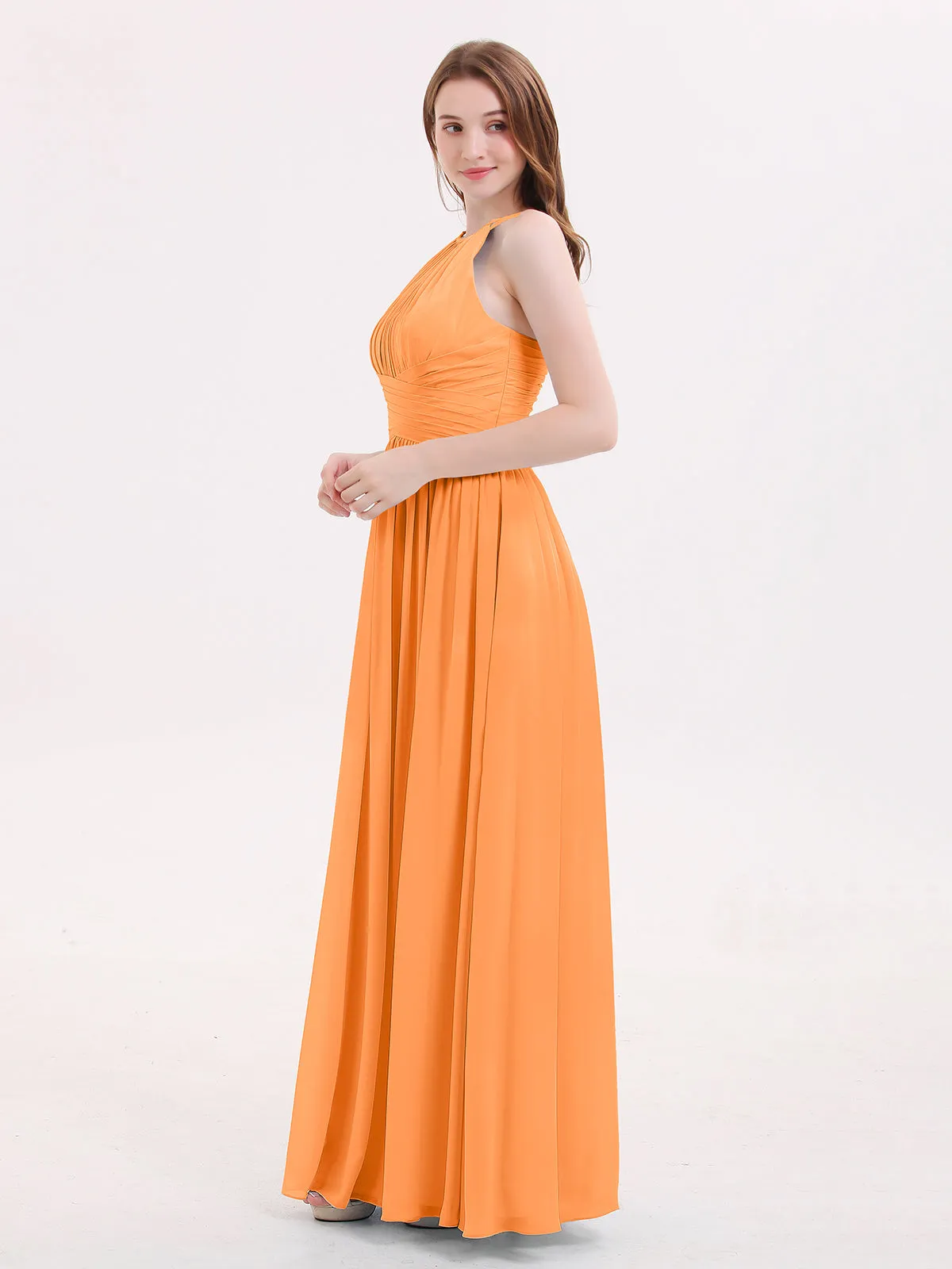 Double Strap Halter Long Chiffon Gowns-Orange