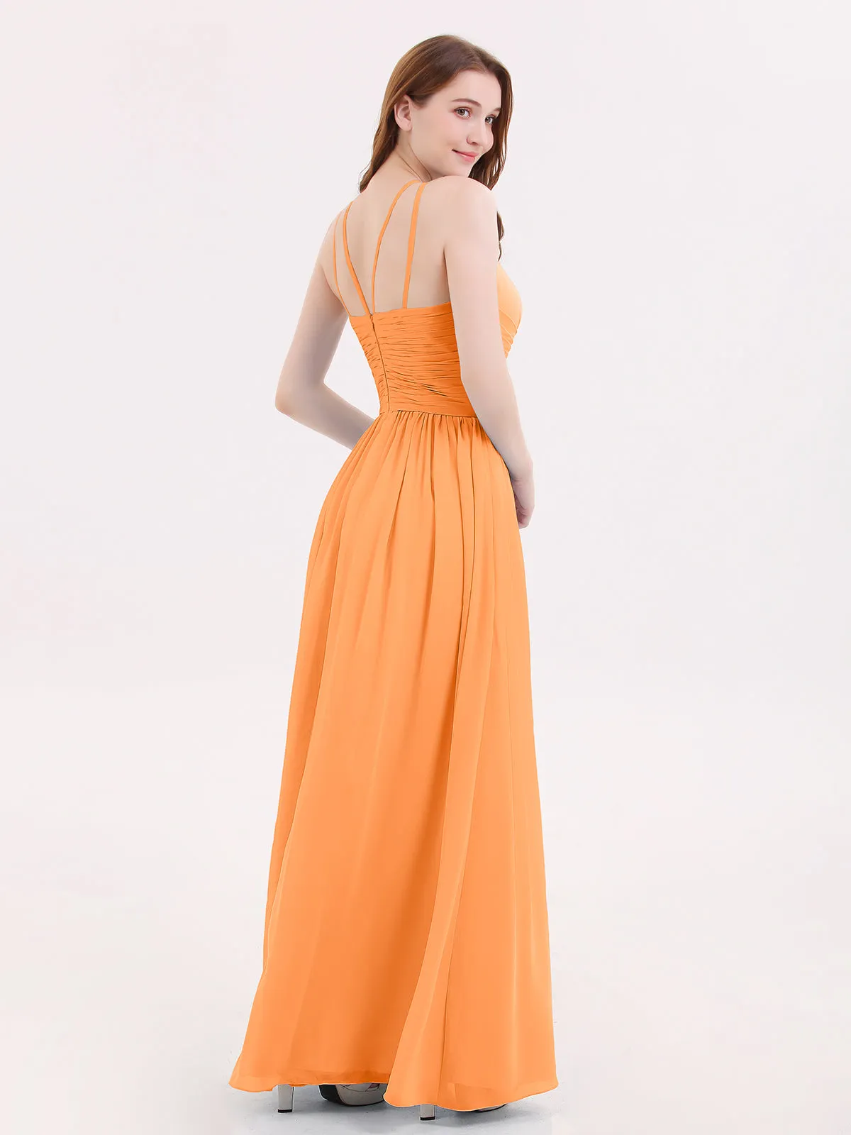Double Strap Halter Long Chiffon Gowns-Orange