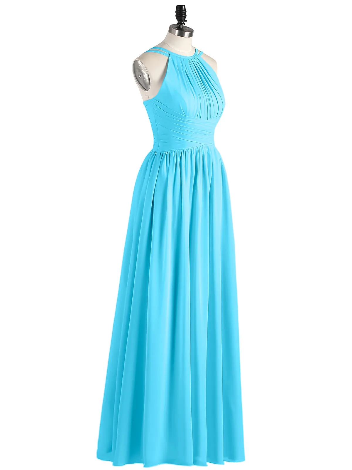 Double Strap Halter Long Chiffon Gowns-Pool