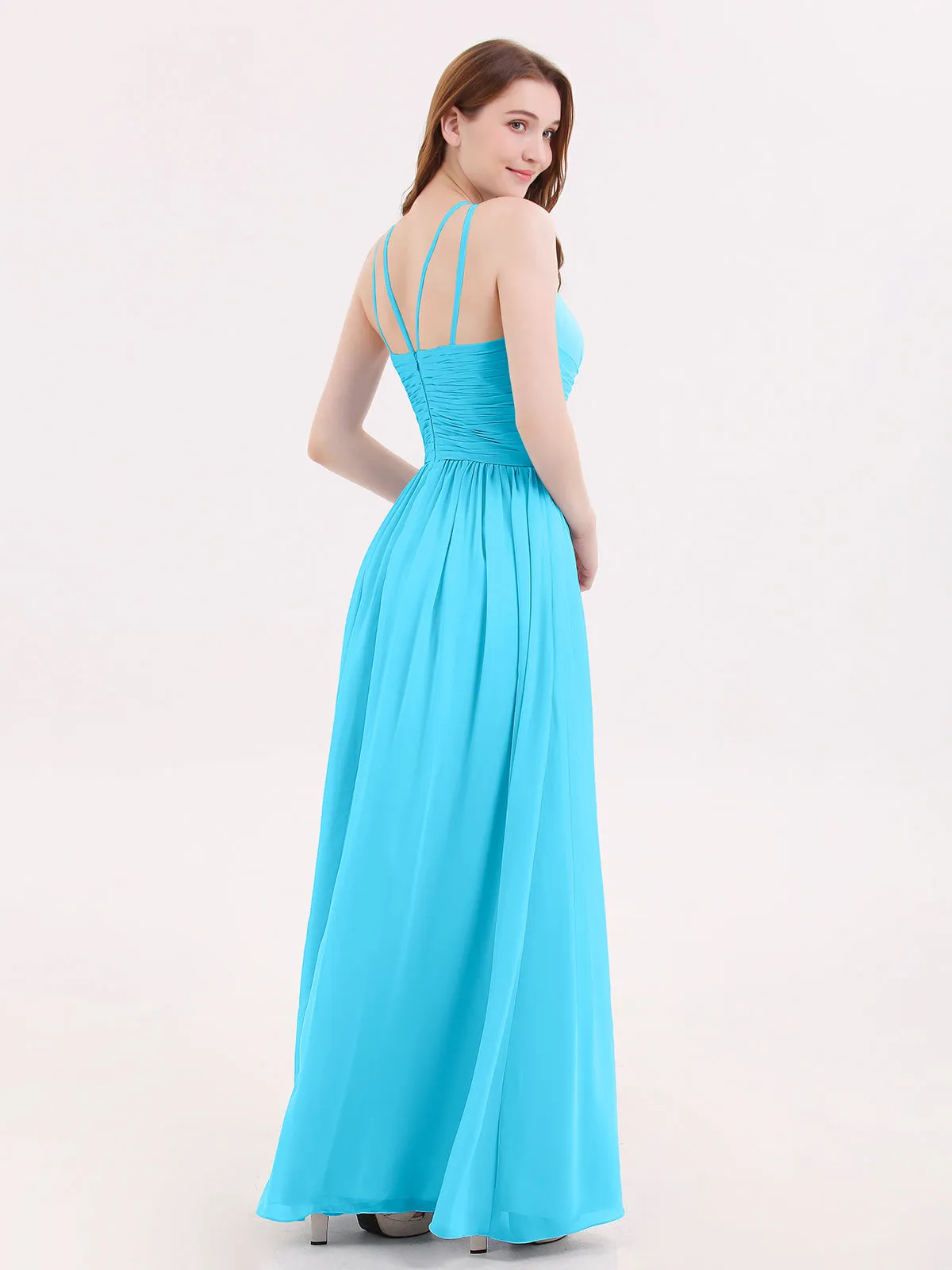 Double Strap Halter Long Chiffon Gowns-Pool