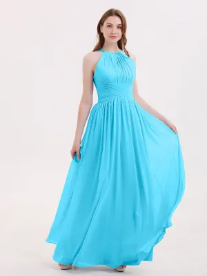 Double Strap Halter Long Chiffon Gowns-Pool